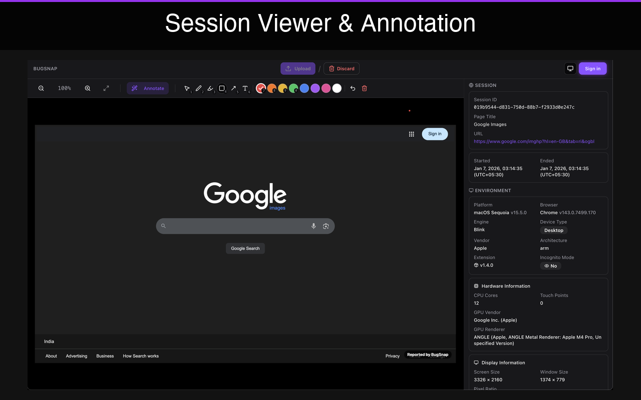 BugRepro session viewer showing captured bug report with reproduction steps, console logs, and environment details